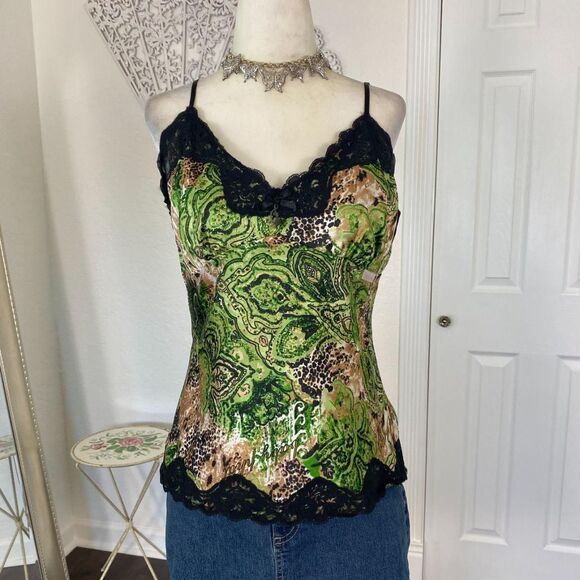 Early 2000's Green Black Satin Lace Trimmed Baby Phat Cami Camisole Top M - Picture 2 of 7
